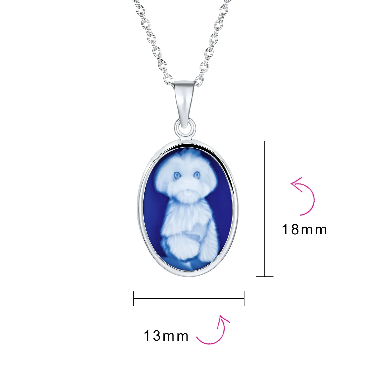 Vintage Blue Carved Fluffy Dog Portrait Cameo Pendant Necklace Silver