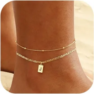VIROMY Initial Ankle Bracelets for Women Gold Letter Anklets Handmade Layered Bead Link Tag Initial Anklets Jewelry Gift