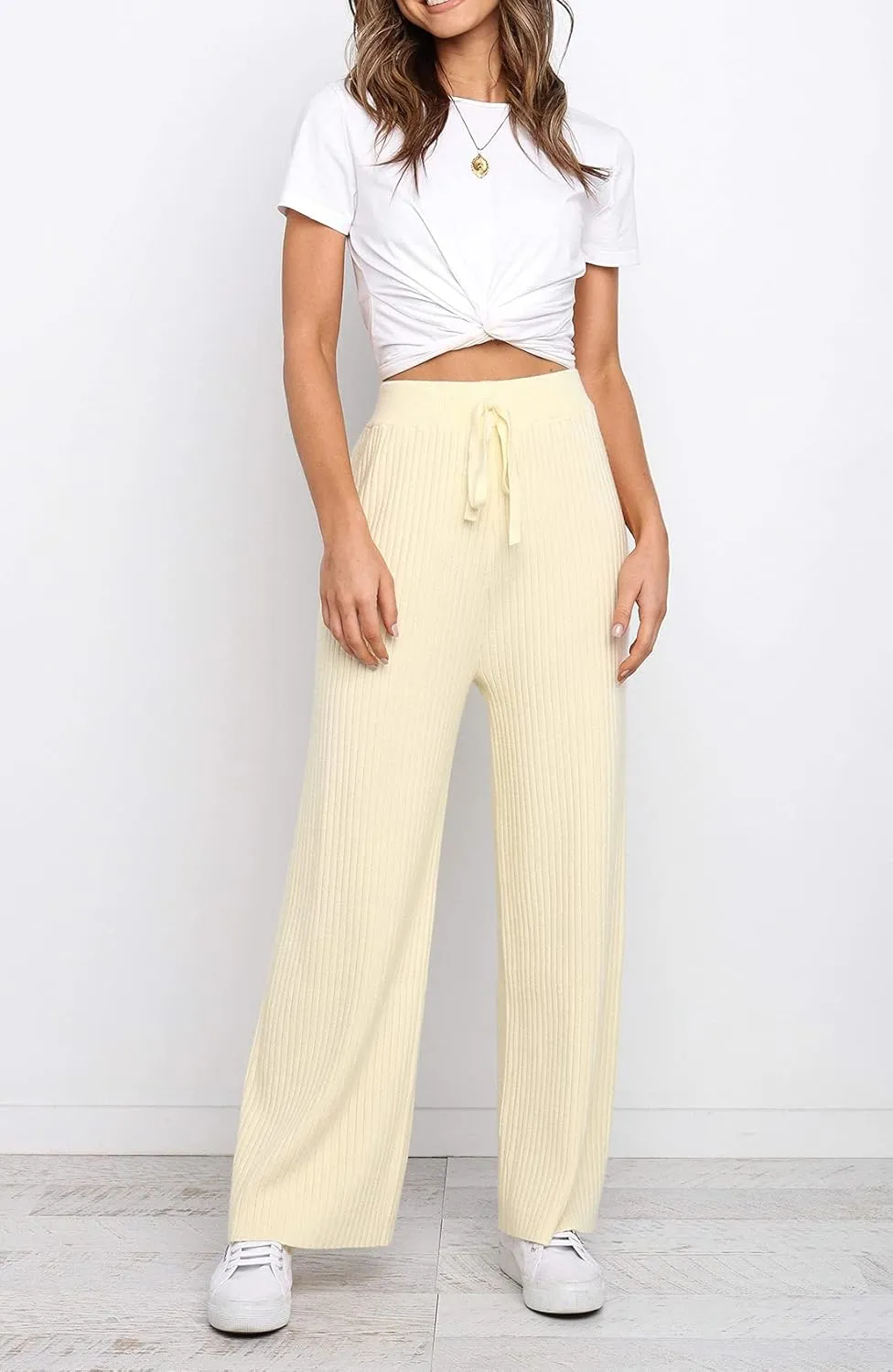Waitfairy Womens Solid Rib Knit Wide Leg Pants Elastic Waist Flowy Sweater Pants