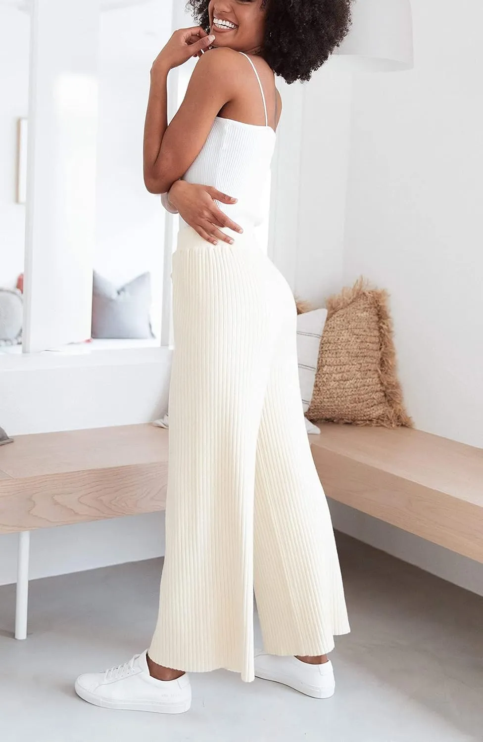 Waitfairy Womens Solid Rib Knit Wide Leg Pants Elastic Waist Flowy Sweater Pants