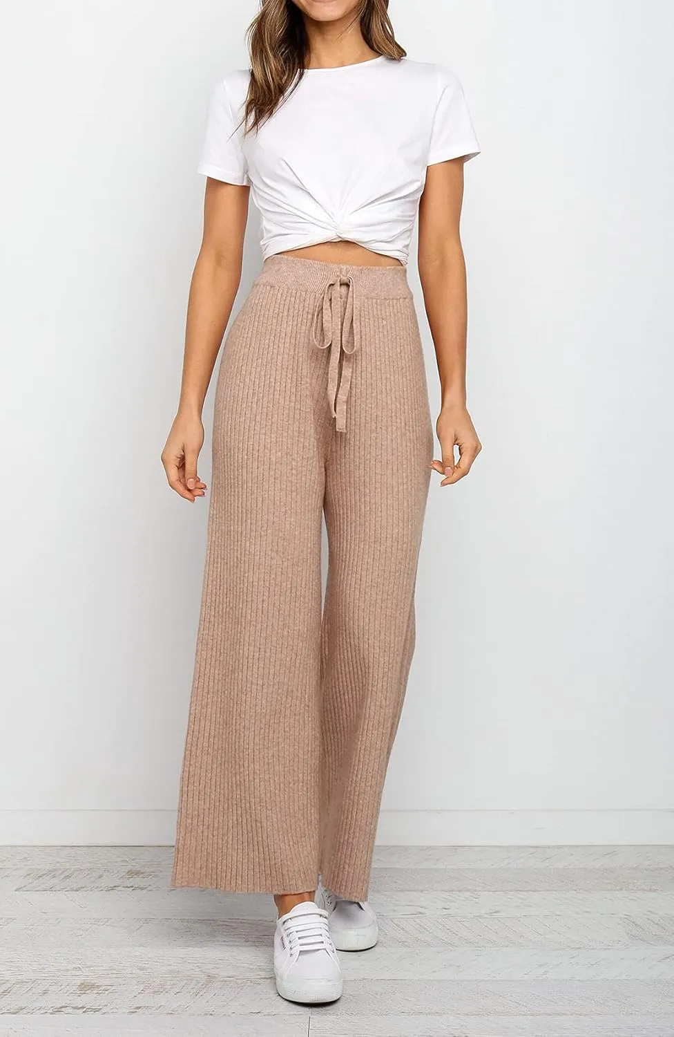 Waitfairy Womens Solid Rib Knit Wide Leg Pants Elastic Waist Flowy Sweater Pants