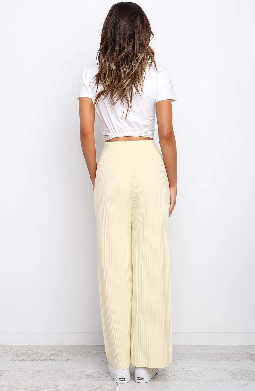 Waitfairy Womens Solid Rib Knit Wide Leg Pants Elastic Waist Flowy Sweater Pants