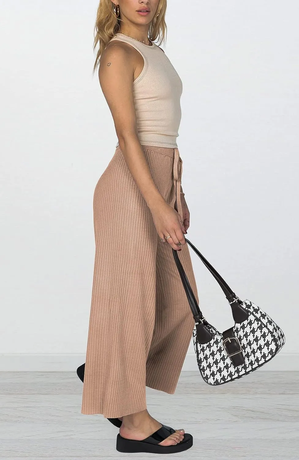 Waitfairy Womens Solid Rib Knit Wide Leg Pants Elastic Waist Flowy Sweater Pants