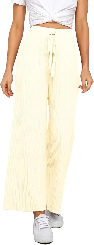 Waitfairy Womens Solid Rib Knit Wide Leg Pants Elastic Waist Flowy Sweater Pants