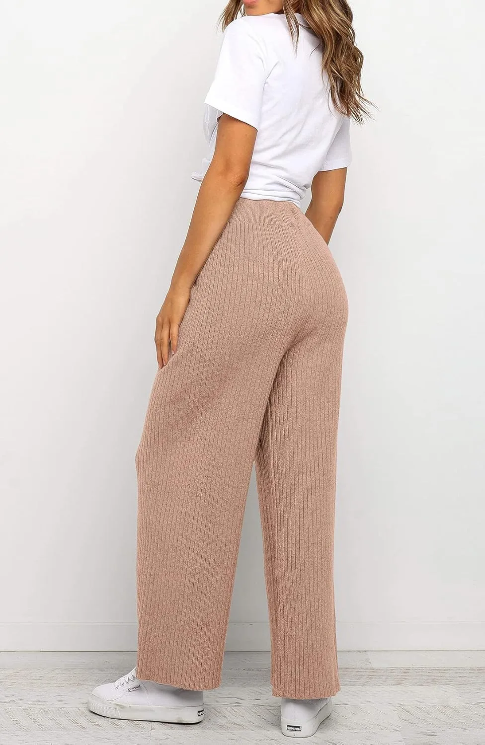 Waitfairy Womens Solid Rib Knit Wide Leg Pants Elastic Waist Flowy Sweater Pants