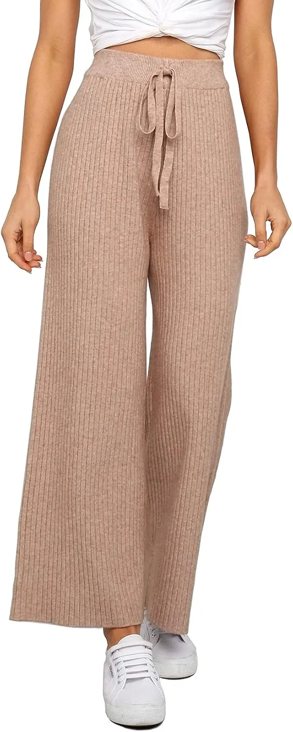 Waitfairy Womens Solid Rib Knit Wide Leg Pants Elastic Waist Flowy Sweater Pants