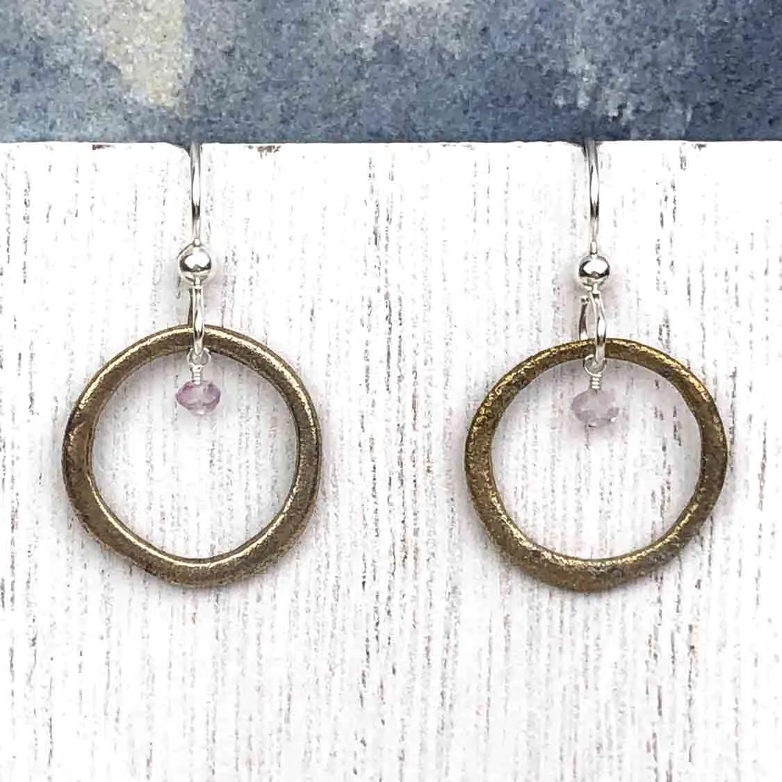 Warm Red Bronze Celtic Ring Money Earrings with Genuine Amethyst | Artifact #6563