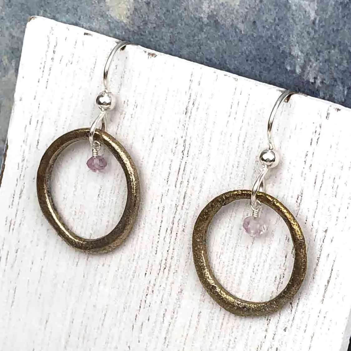 Warm Red Bronze Celtic Ring Money Earrings with Genuine Amethyst | Artifact #6563