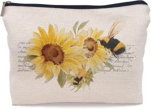 Watercolor Sunflower Bumblebee Makeup Bag, Summer Honey Bee Cosmetic Makeup Bag for Women, Bee Lovers Gifts