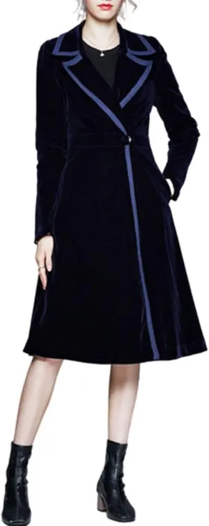 watersouprty Women's Slim Wool Blend Coat Lapel Long Sleeve Vintage Velvet Trench Coat Dress Pea Coat