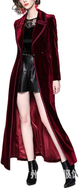 watersouprty Women's Slim Wool Blend Coat Lapel Long Sleeve Vintage Velvet Trench Coat Dress Pea Coat