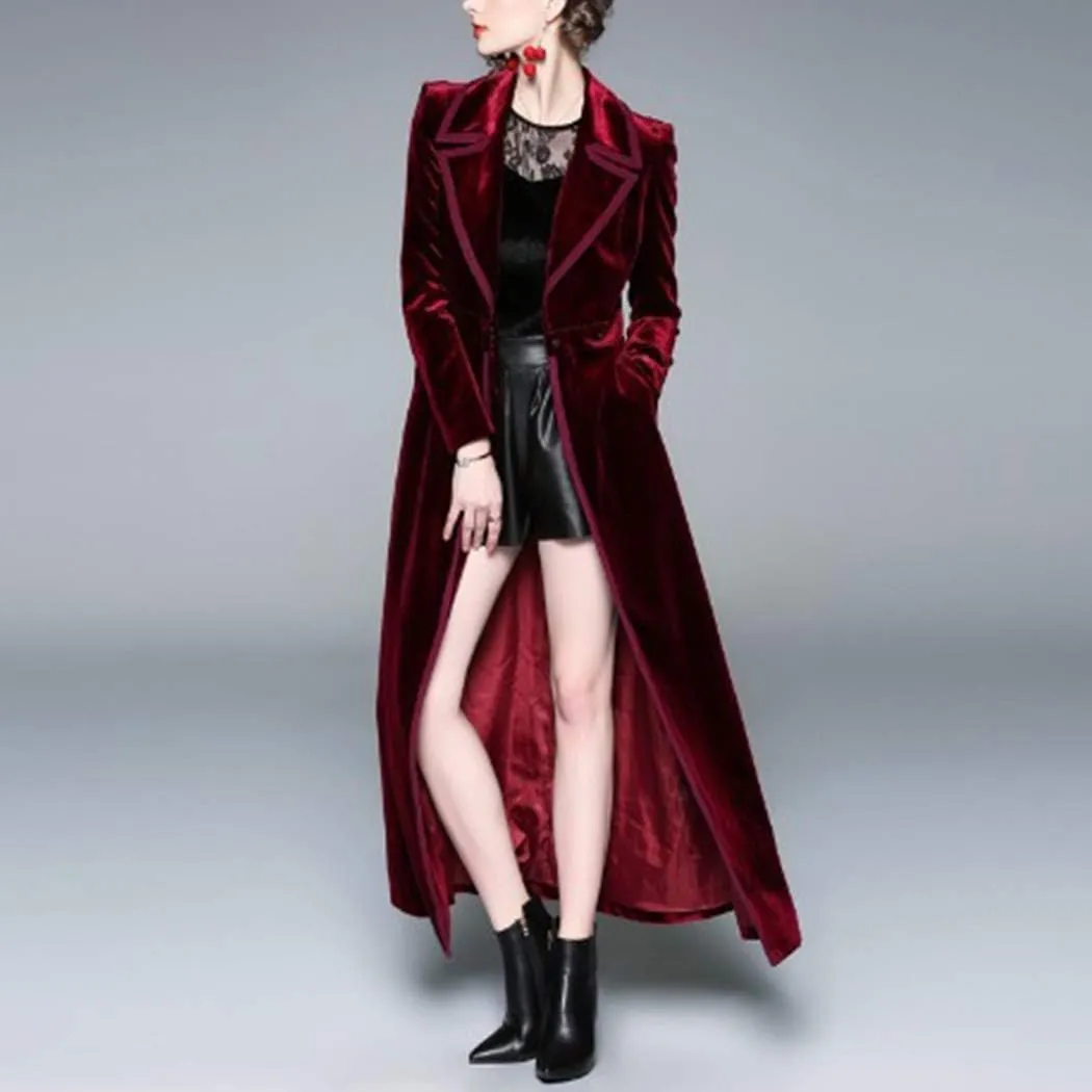 watersouprty Women's Slim Wool Blend Coat Lapel Long Sleeve Vintage Velvet Trench Coat Dress Pea Coat