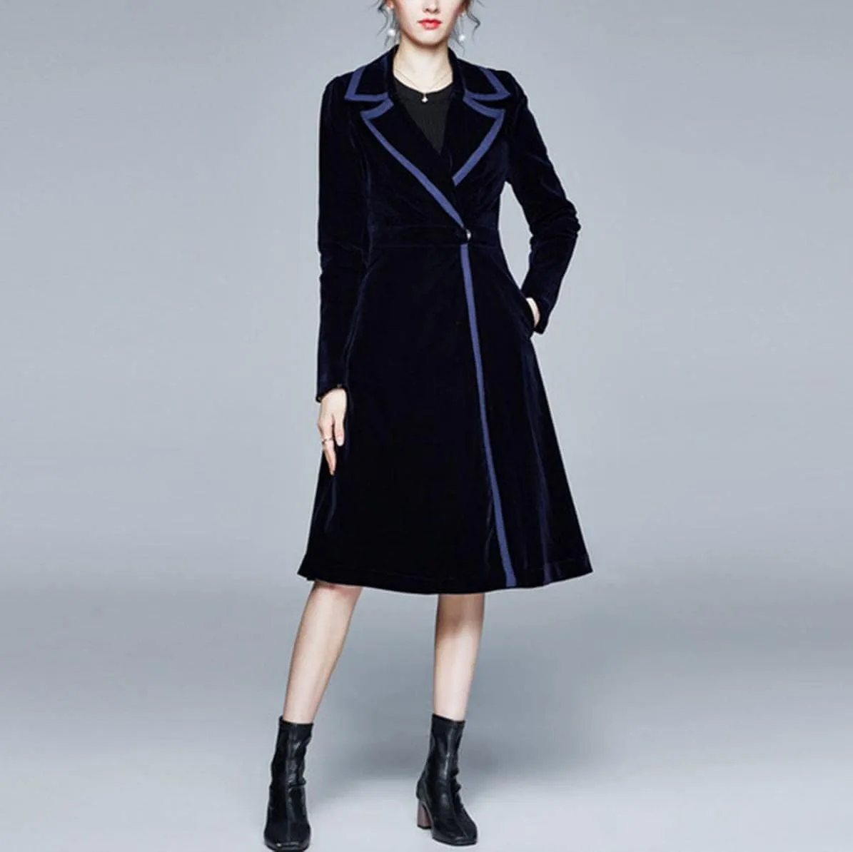 watersouprty Women's Slim Wool Blend Coat Lapel Long Sleeve Vintage Velvet Trench Coat Dress Pea Coat