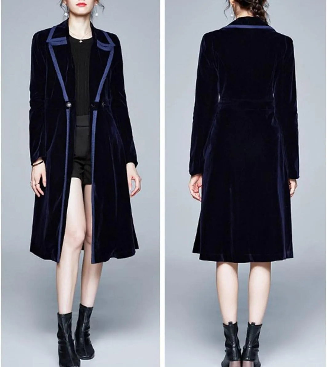 watersouprty Women's Slim Wool Blend Coat Lapel Long Sleeve Vintage Velvet Trench Coat Dress Pea Coat