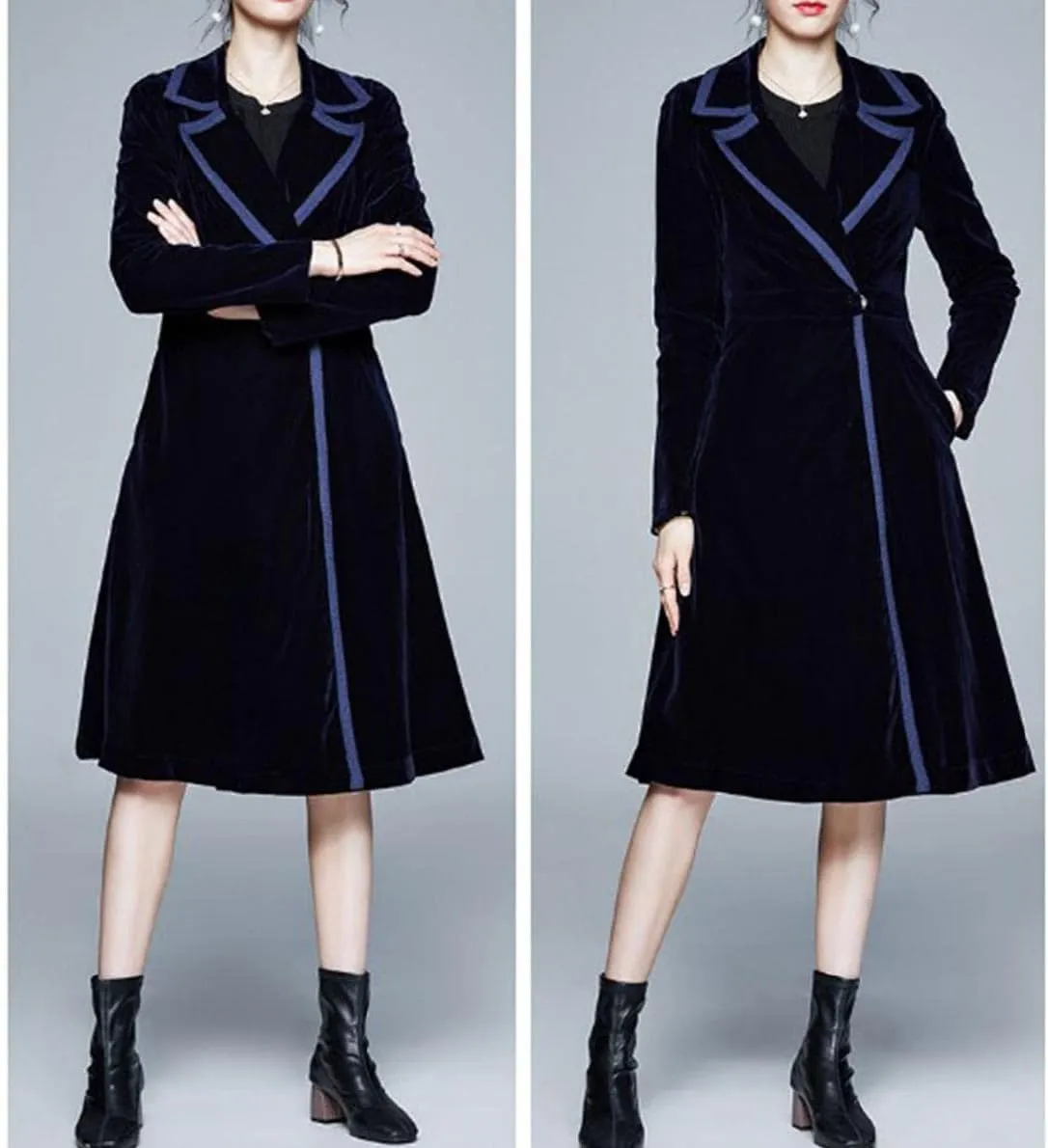 watersouprty Women's Slim Wool Blend Coat Lapel Long Sleeve Vintage Velvet Trench Coat Dress Pea Coat