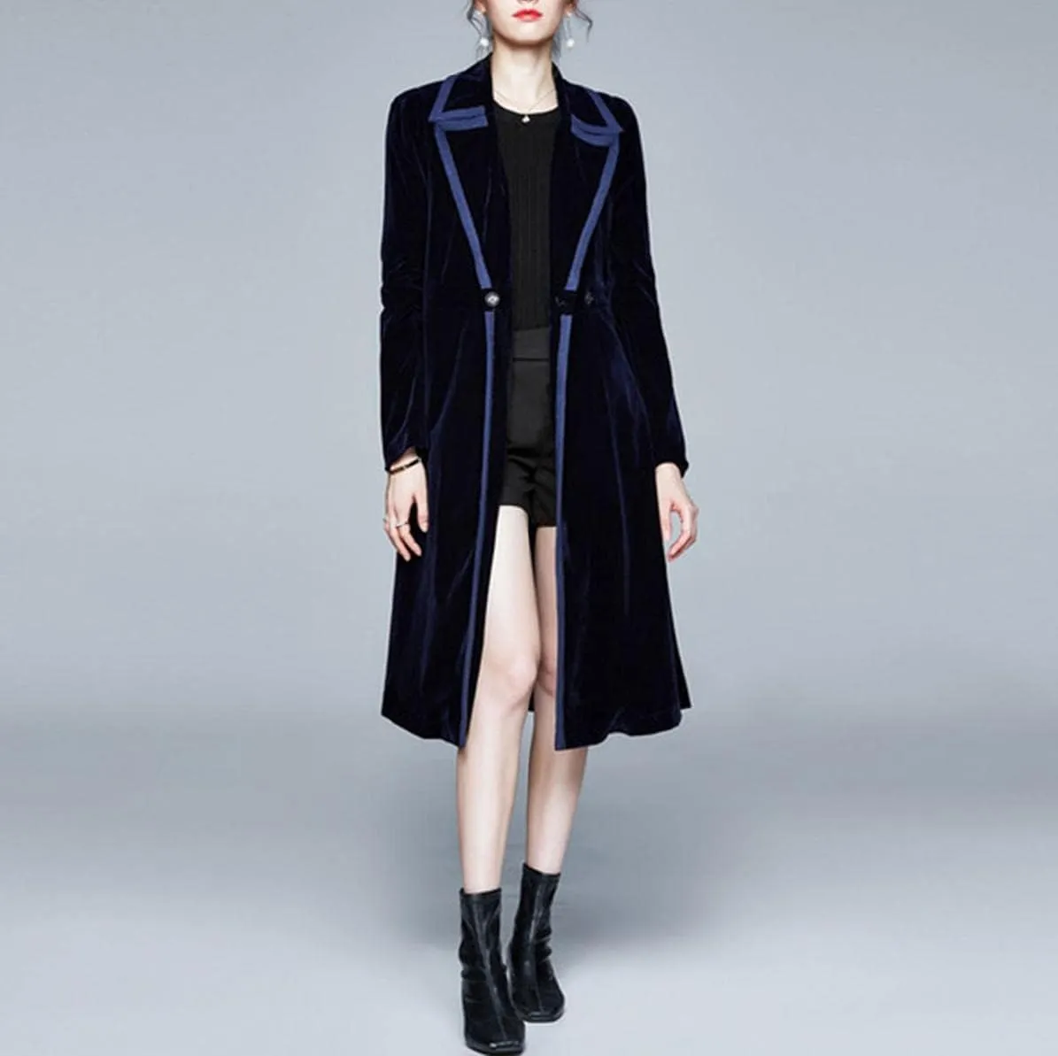 watersouprty Women's Slim Wool Blend Coat Lapel Long Sleeve Vintage Velvet Trench Coat Dress Pea Coat