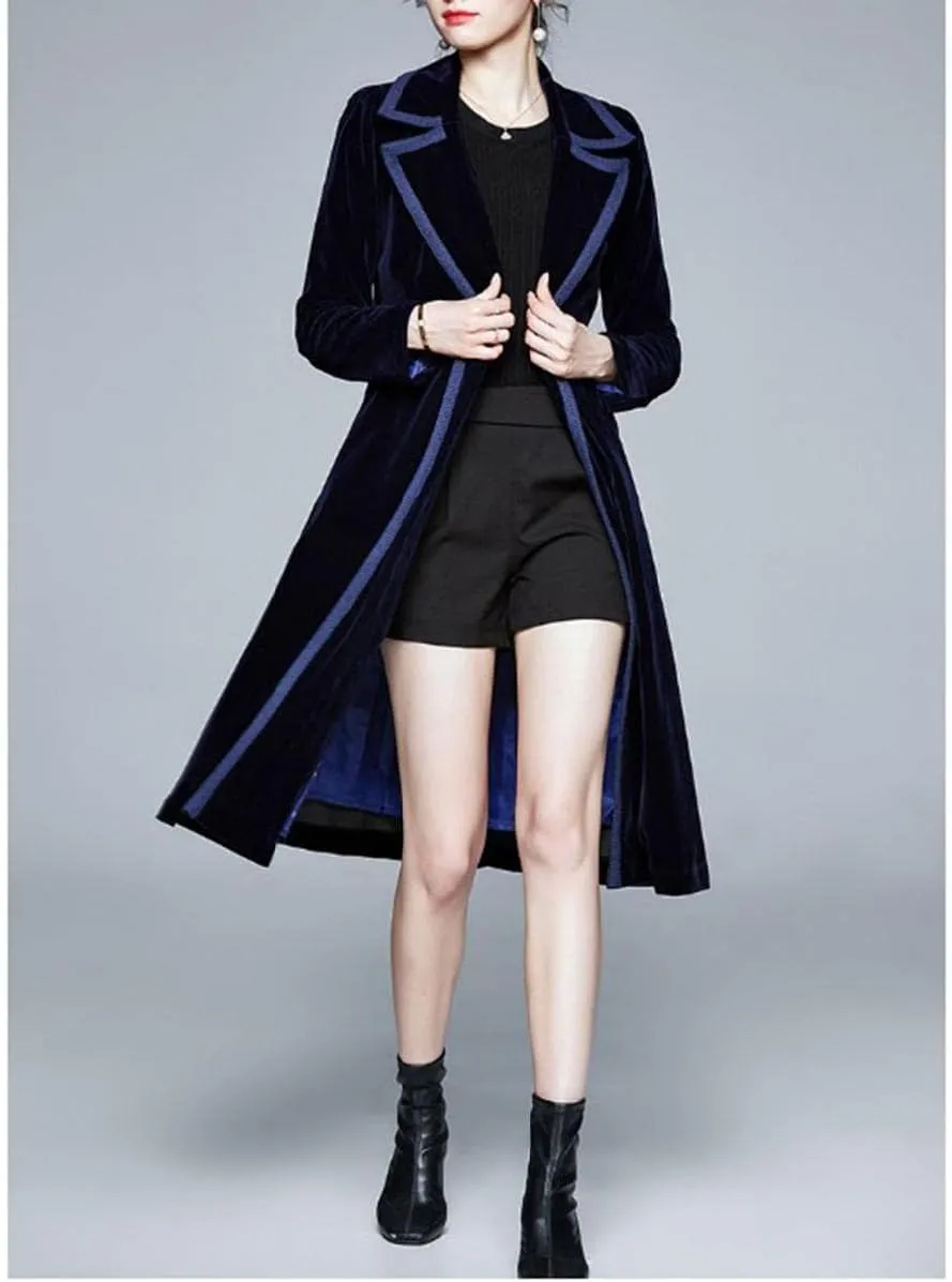 watersouprty Women's Slim Wool Blend Coat Lapel Long Sleeve Vintage Velvet Trench Coat Dress Pea Coat