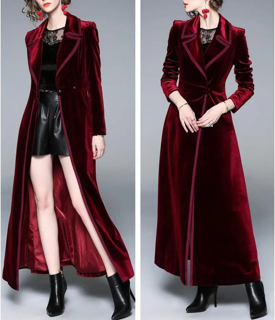 watersouprty Women's Slim Wool Blend Coat Lapel Long Sleeve Vintage Velvet Trench Coat Dress Pea Coat