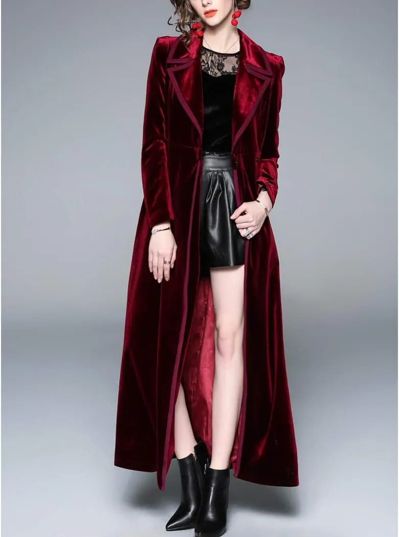 watersouprty Women's Slim Wool Blend Coat Lapel Long Sleeve Vintage Velvet Trench Coat Dress Pea Coat