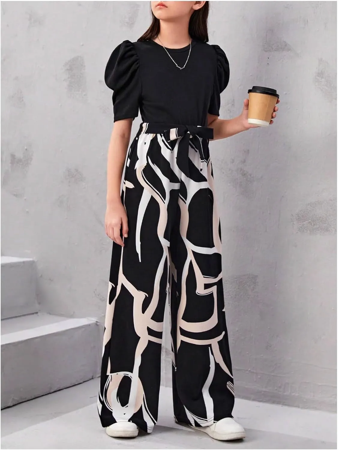 WDIRARA Girls's Casual Graphic Puff Sleeve Bow Belted Wide Leg Jumpsuit