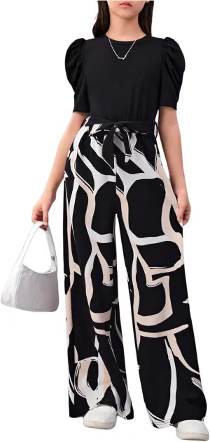 WDIRARA Girls's Casual Graphic Puff Sleeve Bow Belted Wide Leg Jumpsuit