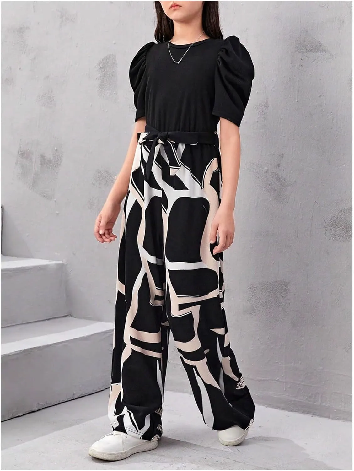 WDIRARA Girls's Casual Graphic Puff Sleeve Bow Belted Wide Leg Jumpsuit
