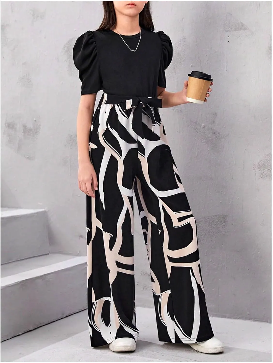 WDIRARA Girls's Casual Graphic Puff Sleeve Bow Belted Wide Leg Jumpsuit