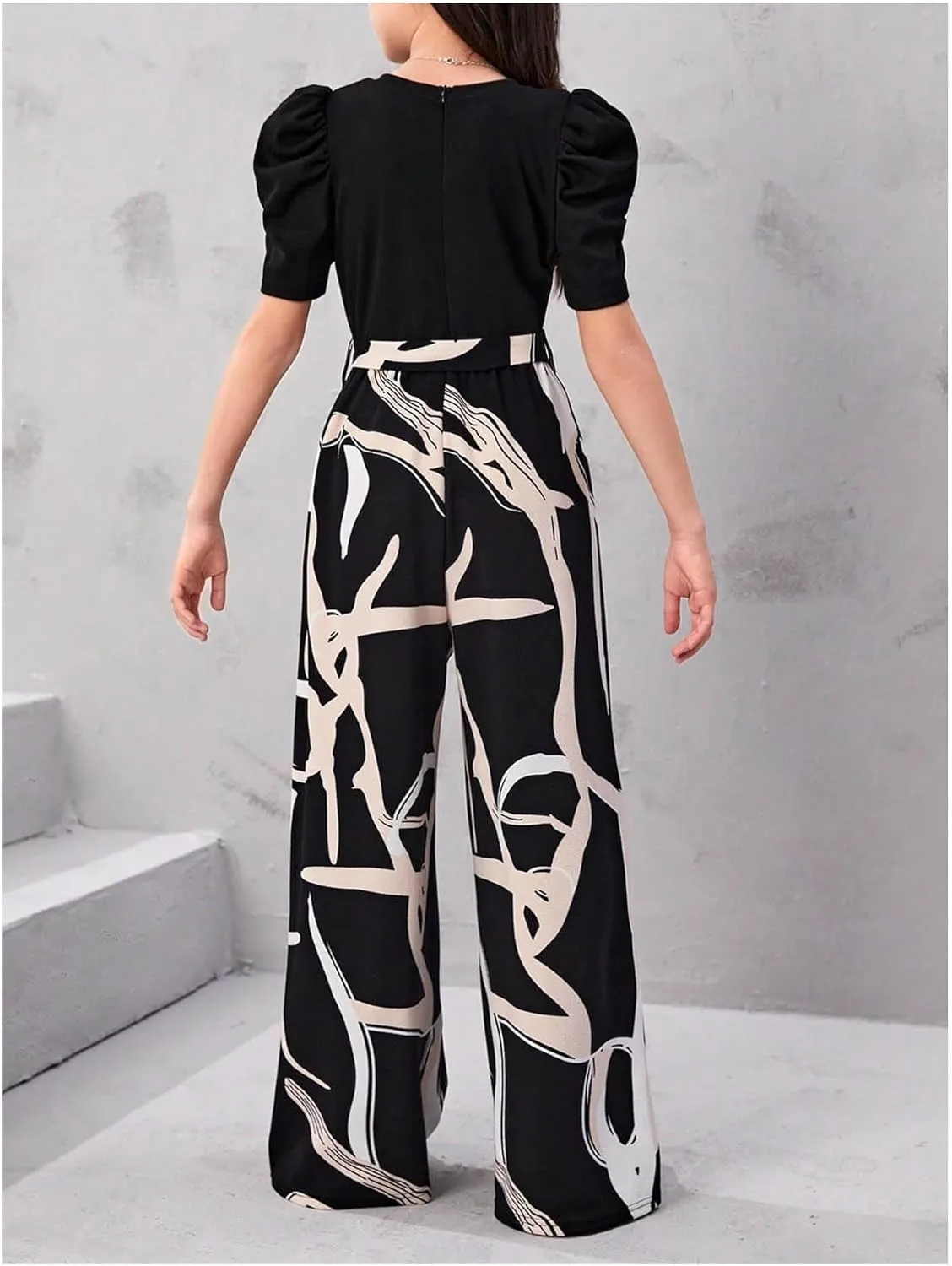 WDIRARA Girls's Casual Graphic Puff Sleeve Bow Belted Wide Leg Jumpsuit