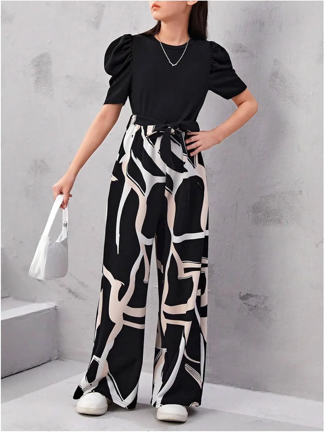 WDIRARA Girls's Casual Graphic Puff Sleeve Bow Belted Wide Leg Jumpsuit