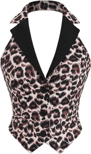 WDIRARA Women's Leopard Print Blazer Vest Button Front Halter Vest Crop Top