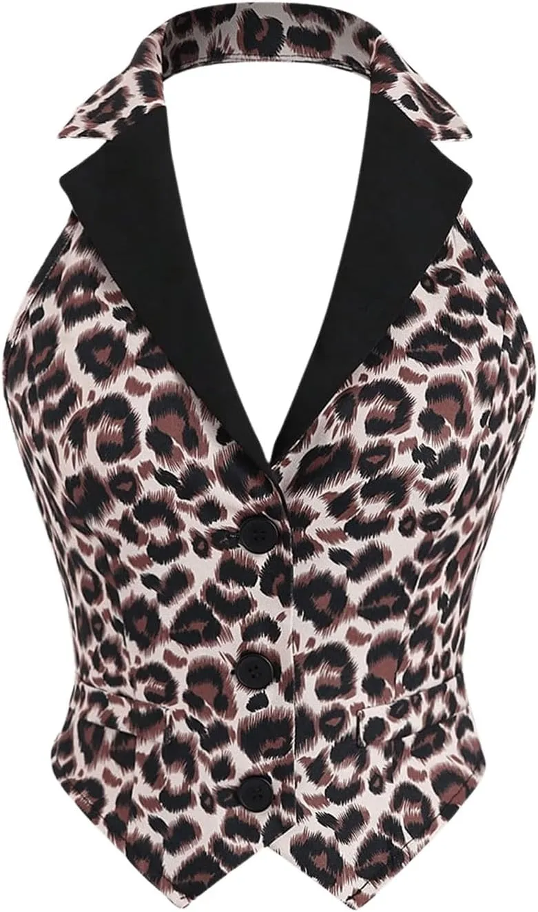 WDIRARA Women's Leopard Print Blazer Vest Button Front Halter Vest Crop Top