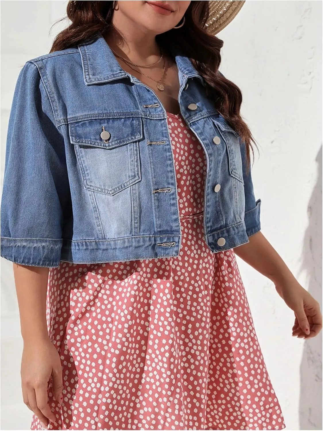 WDIRARA Women's Plus Size 3/4 Sleeve Denim Jackets Collared Button Up Jean Jackets Coat