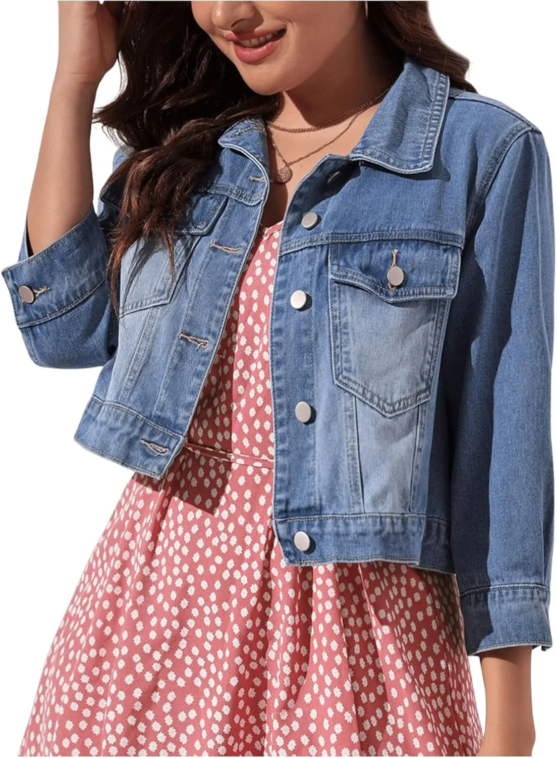 WDIRARA Women's Plus Size 3/4 Sleeve Denim Jackets Collared Button Up Jean Jackets Coat