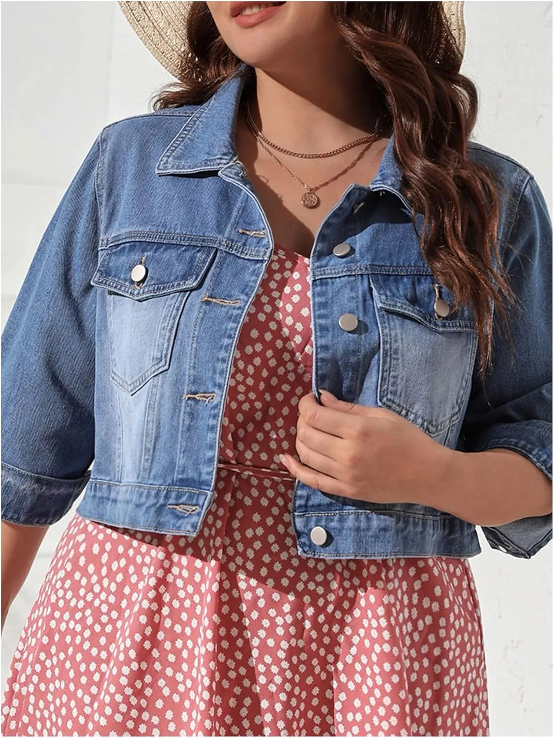 WDIRARA Women's Plus Size 3/4 Sleeve Denim Jackets Collared Button Up Jean Jackets Coat