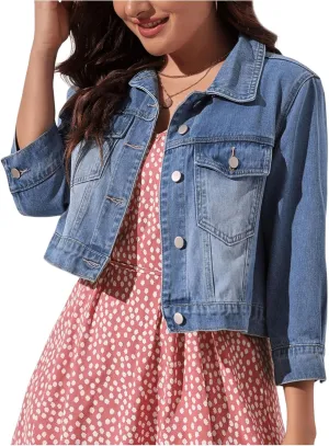WDIRARA Women's Plus Size 3/4 Sleeve Denim Jackets Collared Button Up Jean Jackets Coat