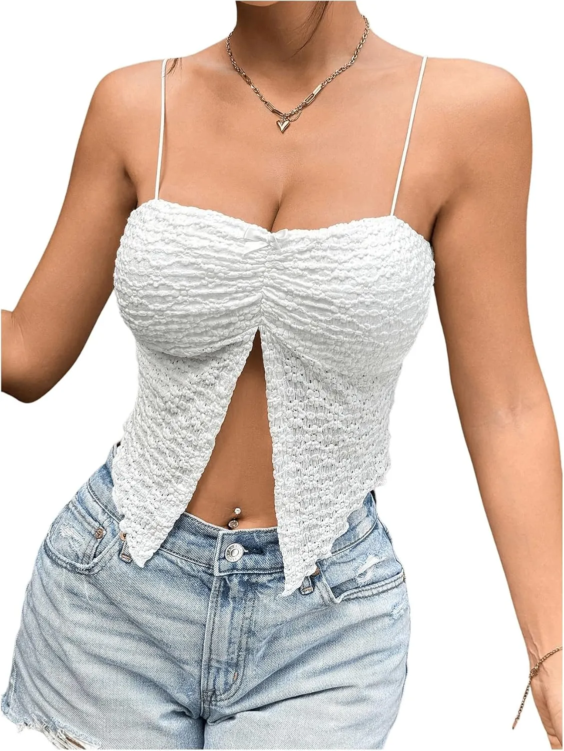 WDIRARA Women's Ruched Split Front Cami Top Lettuce Trim Asymmetrical Padded Camisole