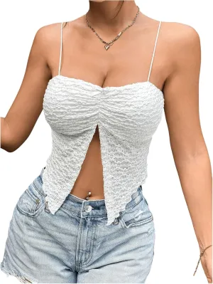 WDIRARA Women's Ruched Split Front Cami Top Lettuce Trim Asymmetrical Padded Camisole