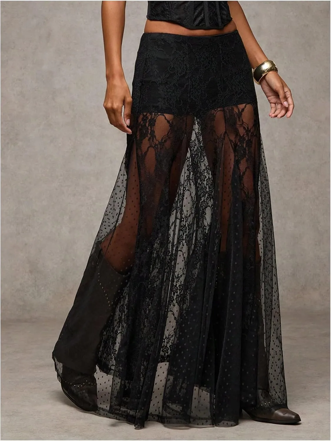 WDIRARA Women's Sexy See Through Sheer Lace Maxi Skirt Low Waist Ruffle Hem A Line Flowy Skirt
