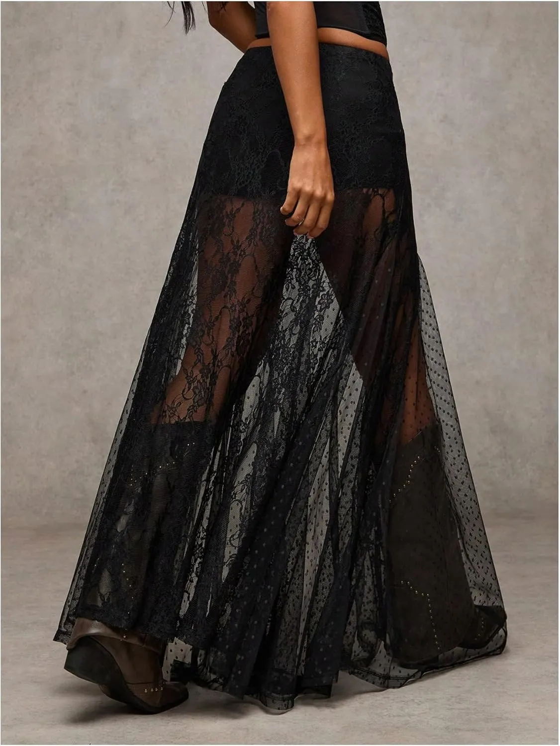 WDIRARA Women's Sexy See Through Sheer Lace Maxi Skirt Low Waist Ruffle Hem A Line Flowy Skirt