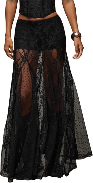 WDIRARA Women's Sexy See Through Sheer Lace Maxi Skirt Low Waist Ruffle Hem A Line Flowy Skirt
