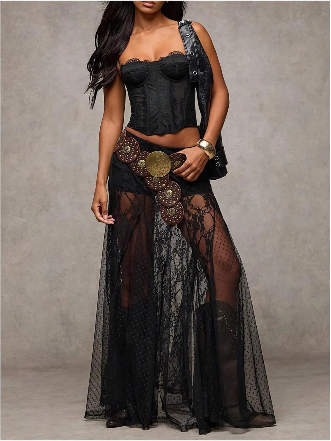 WDIRARA Women's Sexy See Through Sheer Lace Maxi Skirt Low Waist Ruffle Hem A Line Flowy Skirt