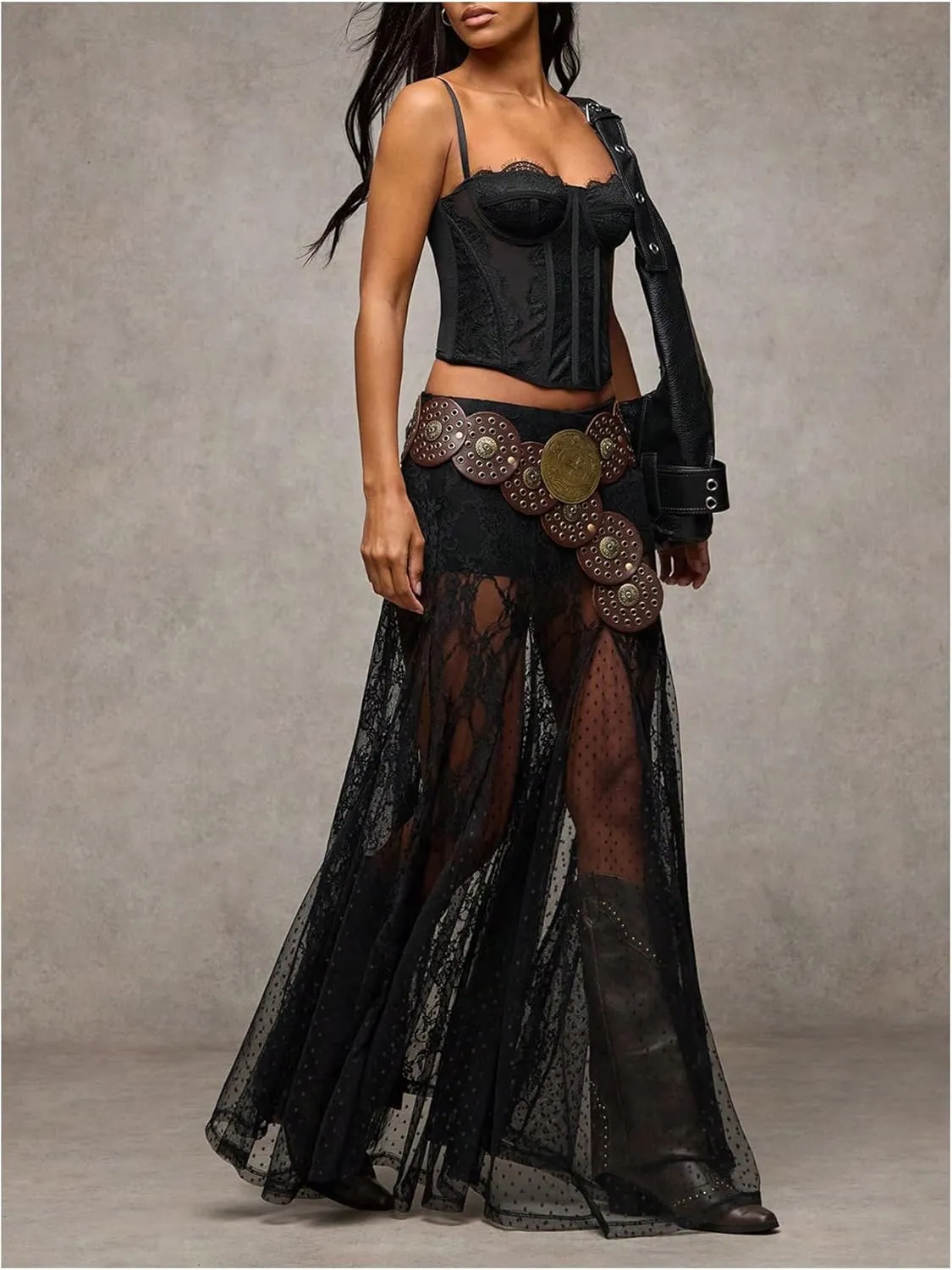 WDIRARA Women's Sexy See Through Sheer Lace Maxi Skirt Low Waist Ruffle Hem A Line Flowy Skirt