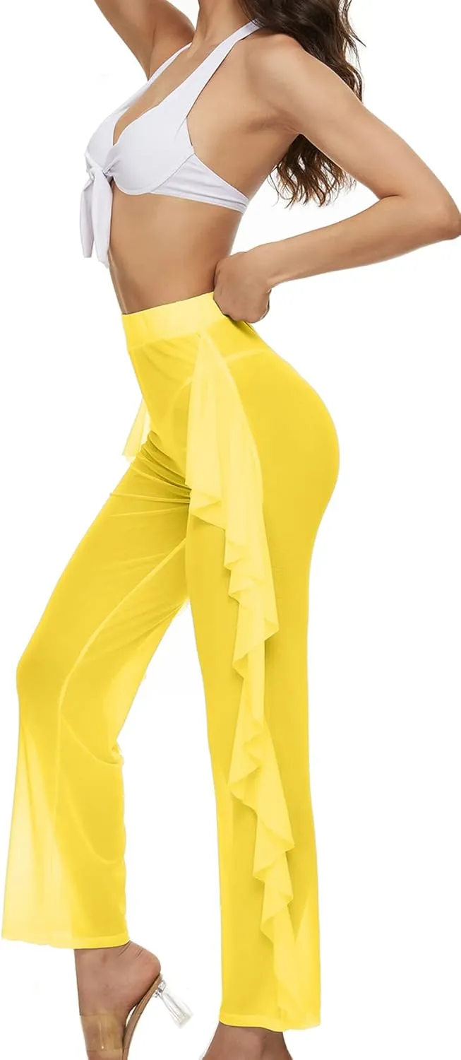 Willow Dance Women's Perspective Sheer Mesh Ruffle Pants Swimsuit Bikini Bottom Cover up Pants