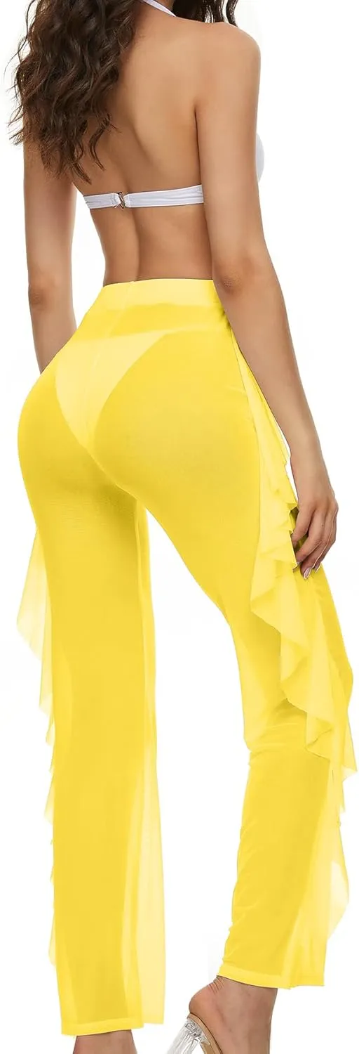 Willow Dance Women's Perspective Sheer Mesh Ruffle Pants Swimsuit Bikini Bottom Cover up Pants