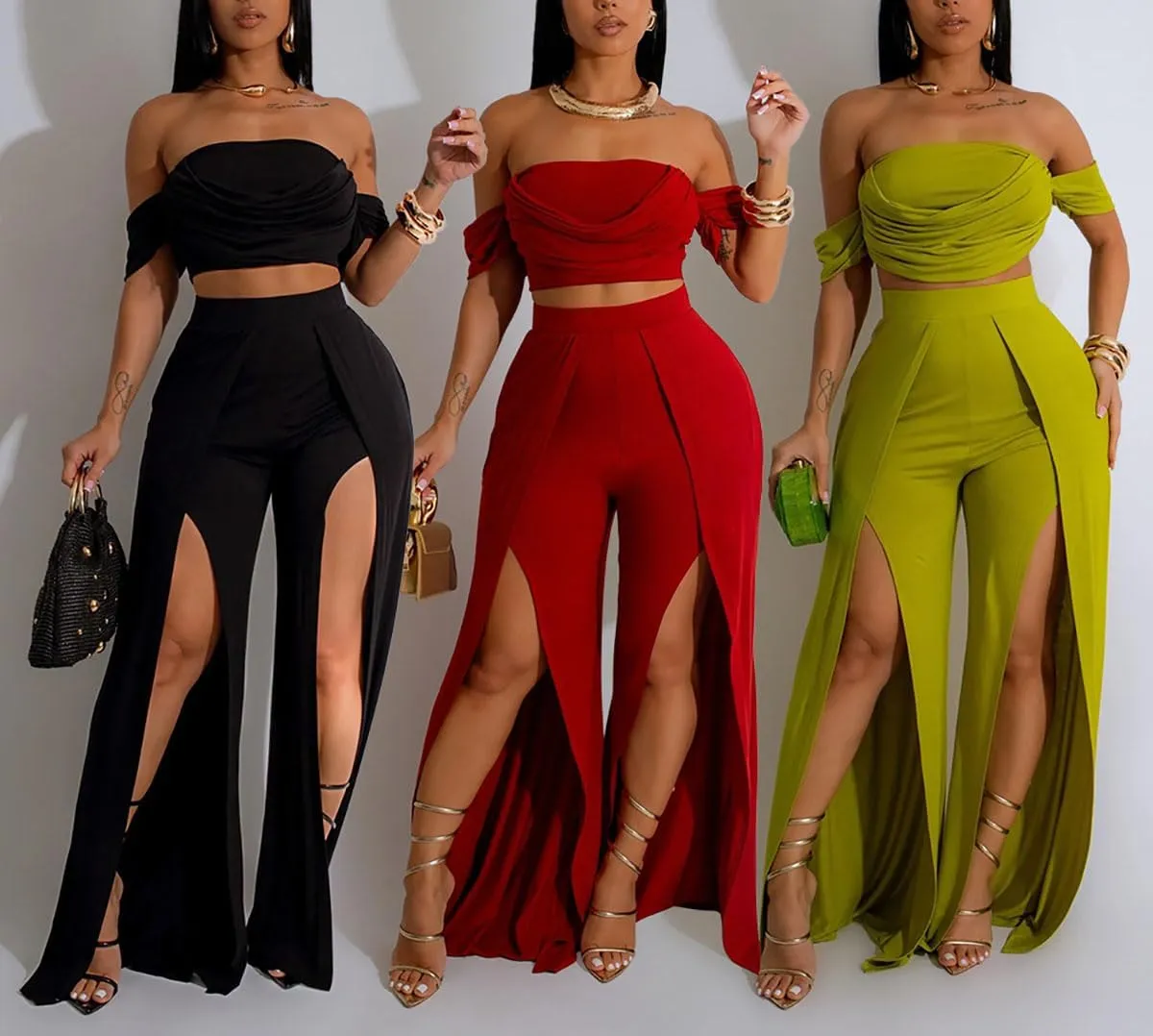 WOKANSE Elegant 2 Piece Outfit for Women Summer Off Shoulder Tube Crop Tops and High Waist Split Wide Leg Pants Sets