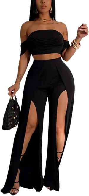 WOKANSE Elegant 2 Piece Outfit for Women Summer Off Shoulder Tube Crop Tops and High Waist Split Wide Leg Pants Sets