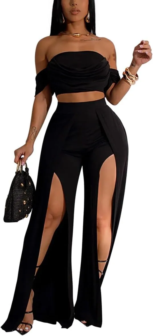WOKANSE Elegant 2 Piece Outfit for Women Summer Off Shoulder Tube Crop Tops and High Waist Split Wide Leg Pants Sets