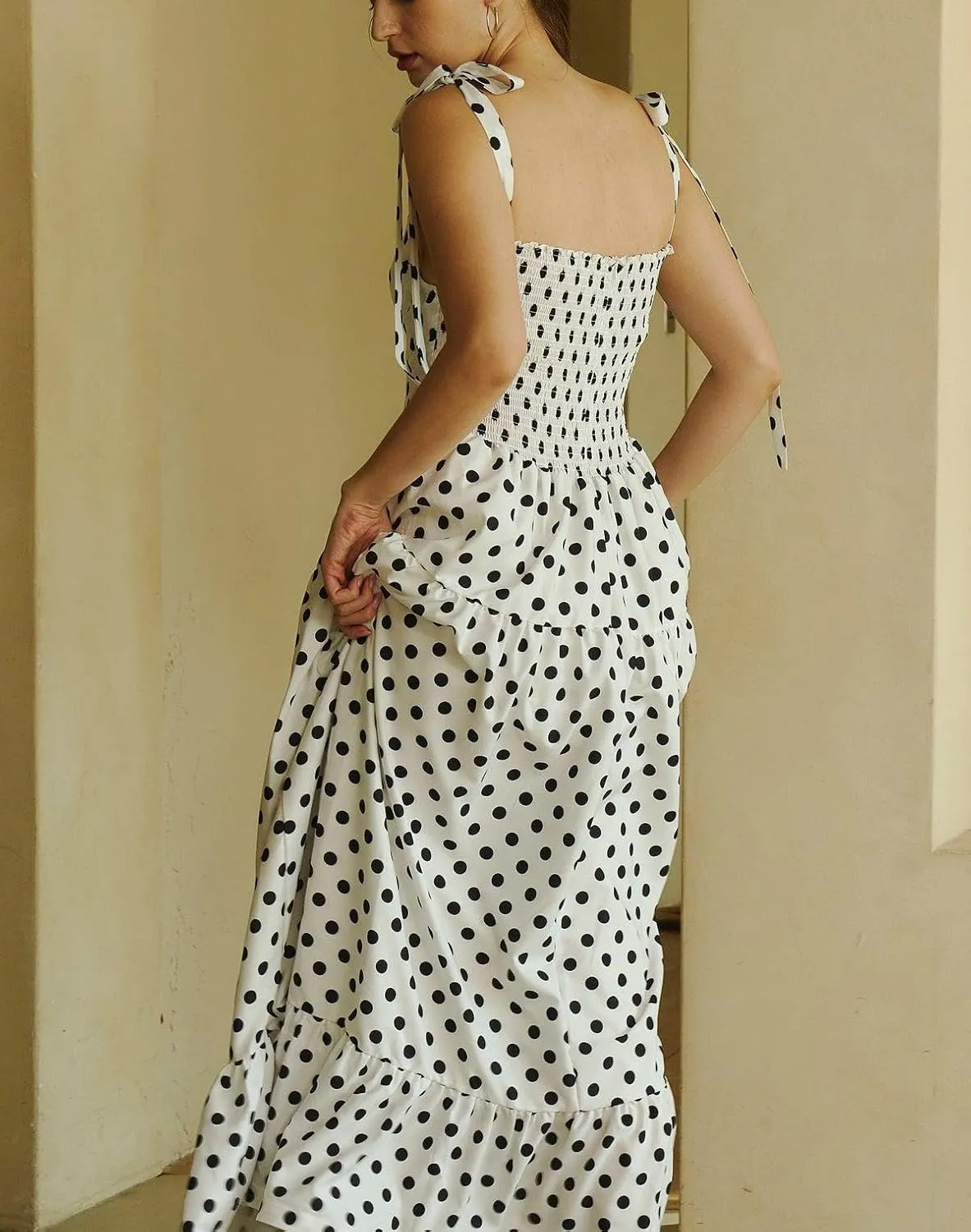 Women Boho Cami Long Dress Polka Dot Spaghetti Strap Flowy Maxi Dress 2025 Summer Beach Vacation Sundress