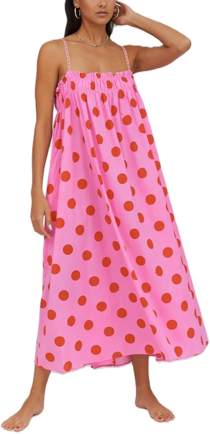 Women Boho Cami Long Dress Polka Dot Spaghetti Strap Flowy Maxi Dress 2025 Summer Beach Vacation Sundress