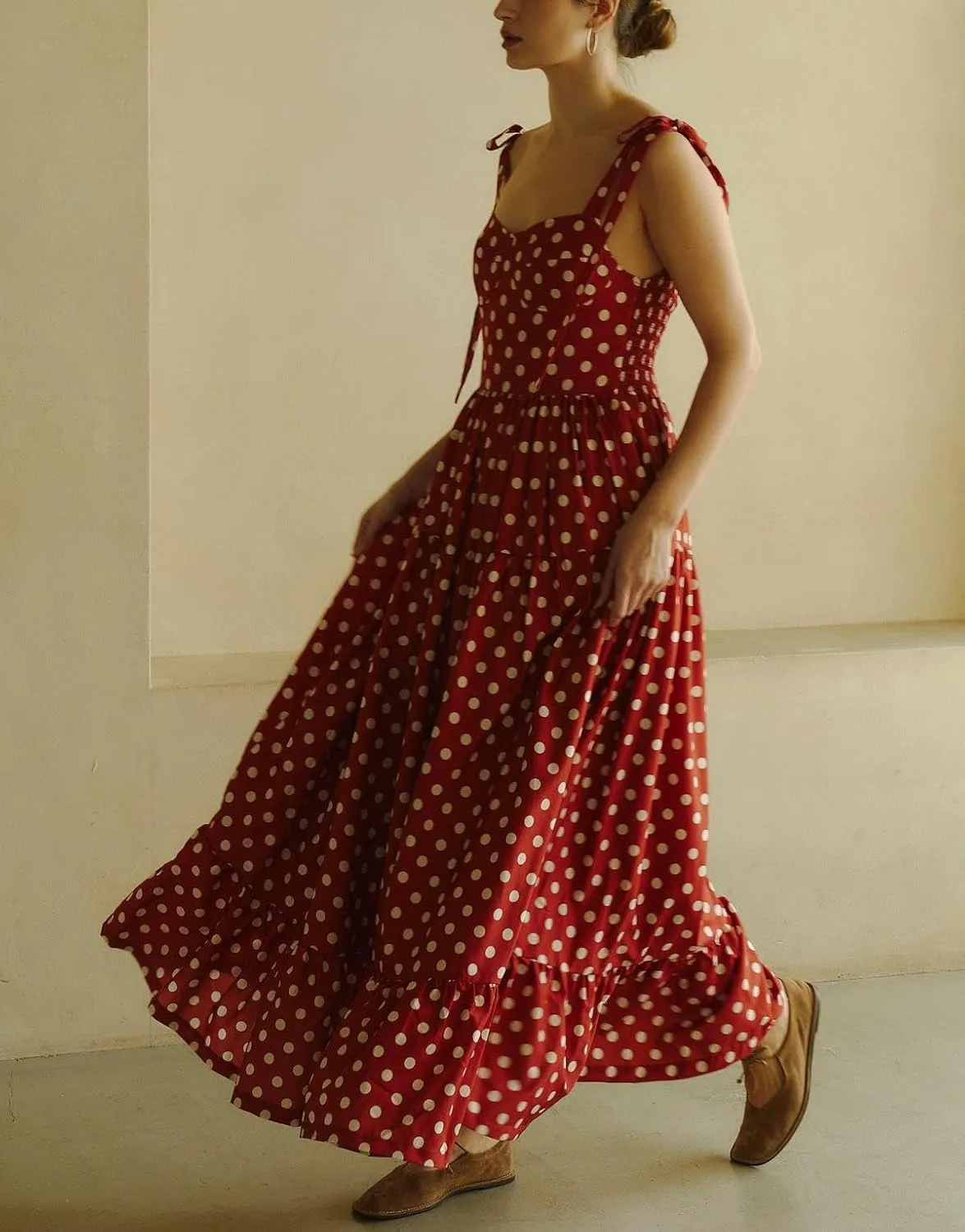 Women Boho Cami Long Dress Polka Dot Spaghetti Strap Flowy Maxi Dress 2025 Summer Beach Vacation Sundress